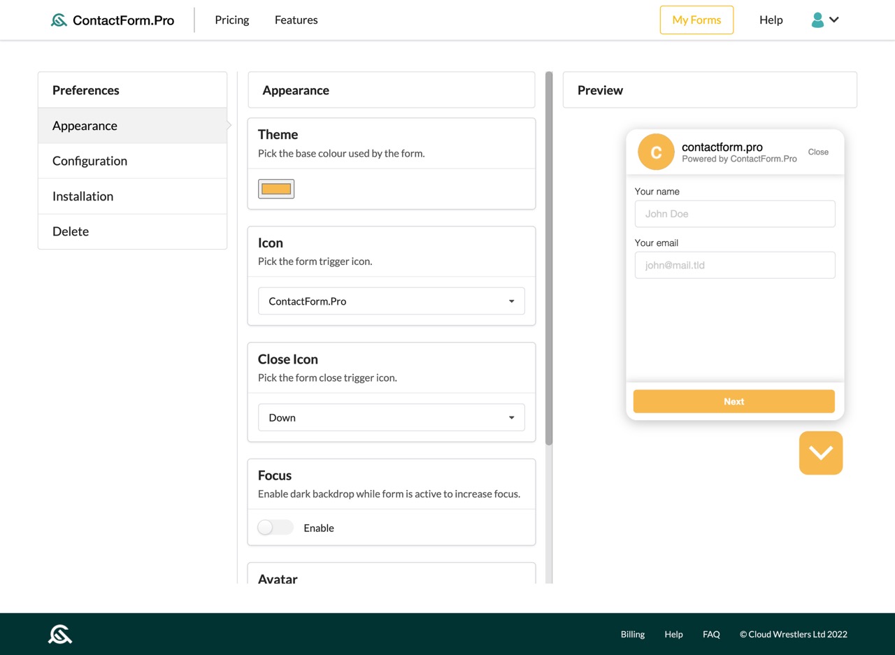 A screenshot of the ContactForm.Pro Editor